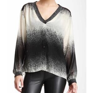 Waverly Grey Silk-Blend Black & Cream Abstract Button Front Blouse Size Medium